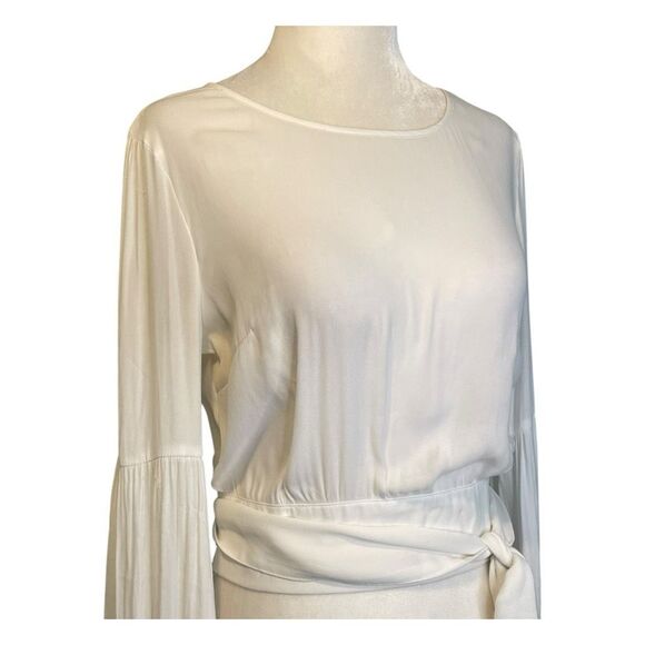 Forever 21 Cropped Wrap Top White Rayon Knit Puff Long Sleeve Round Neck S - Picture 2 of 5